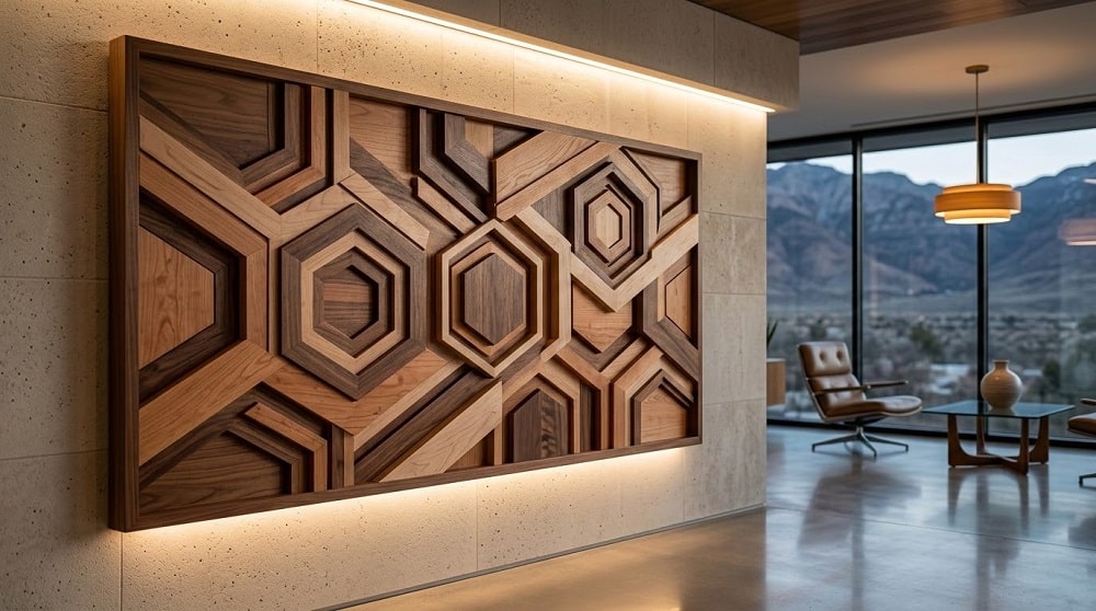 a custom wooden sign with geometric patterns in a Utah office.