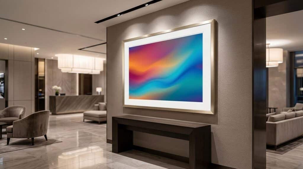 abstract artwork with smooth color gradients in a hotel lobby.